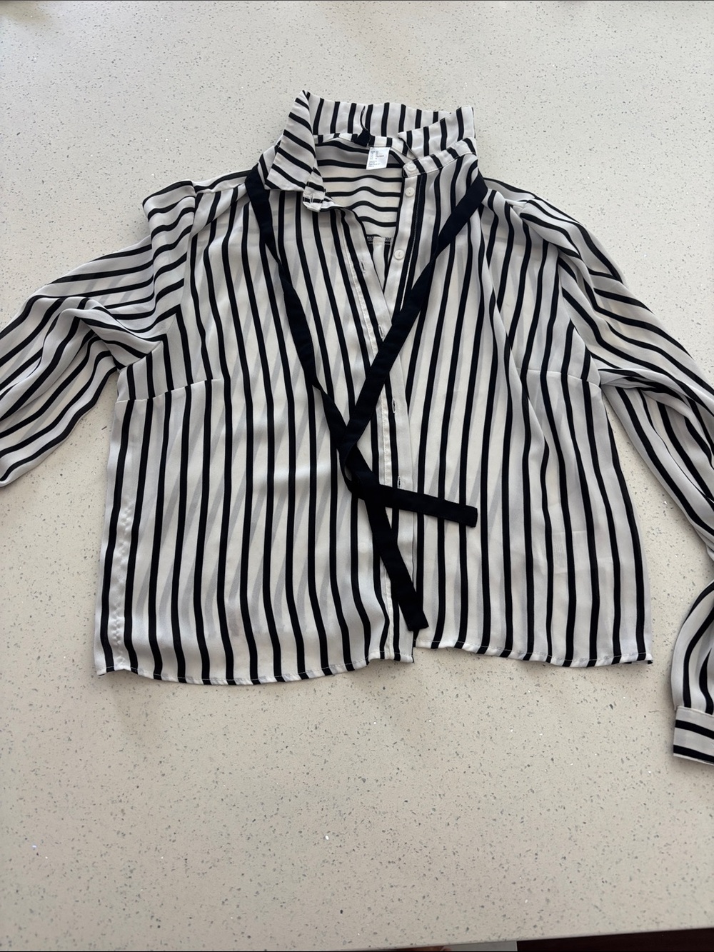 Black & White Striped Tie-Neck Women's Blouse